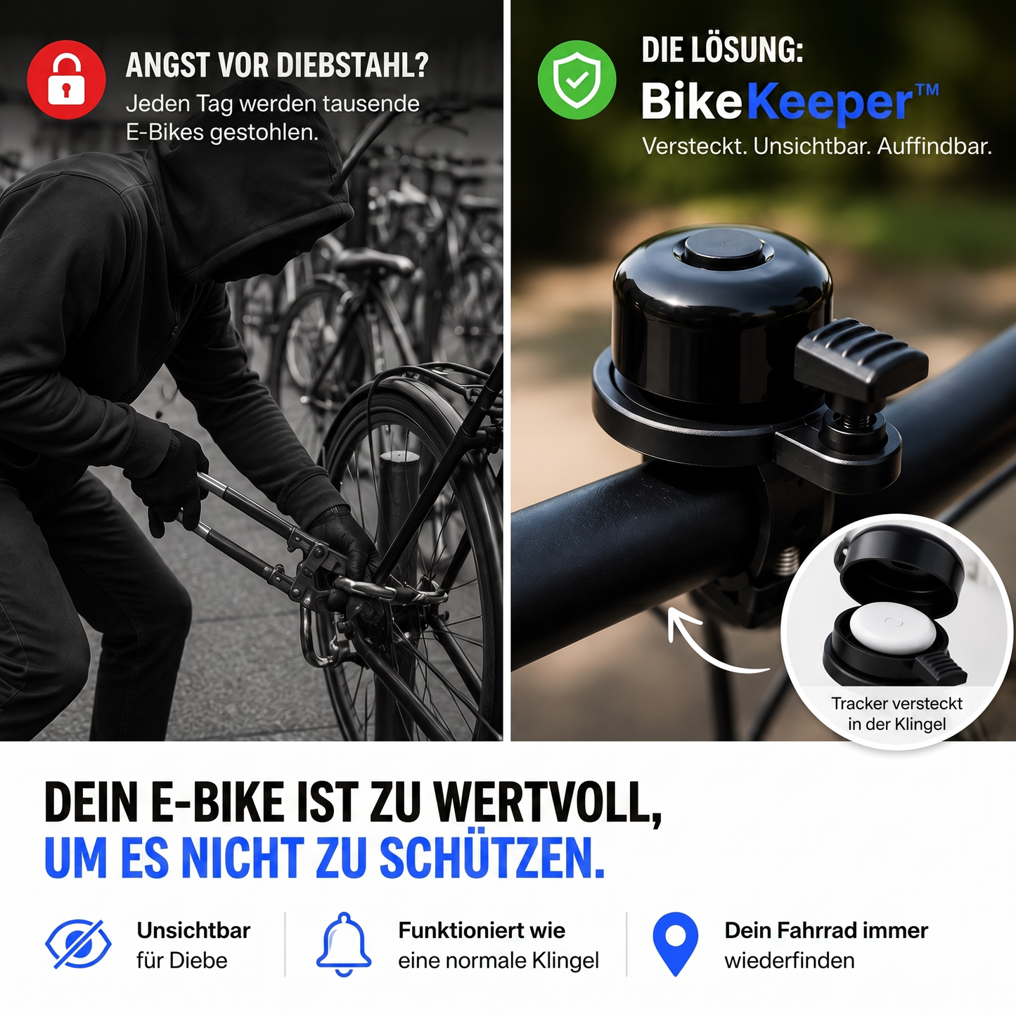 BikeKeeper™ (inkl. TagMini) - Verborgener Fahrradschutz in einer Fahrradklingel