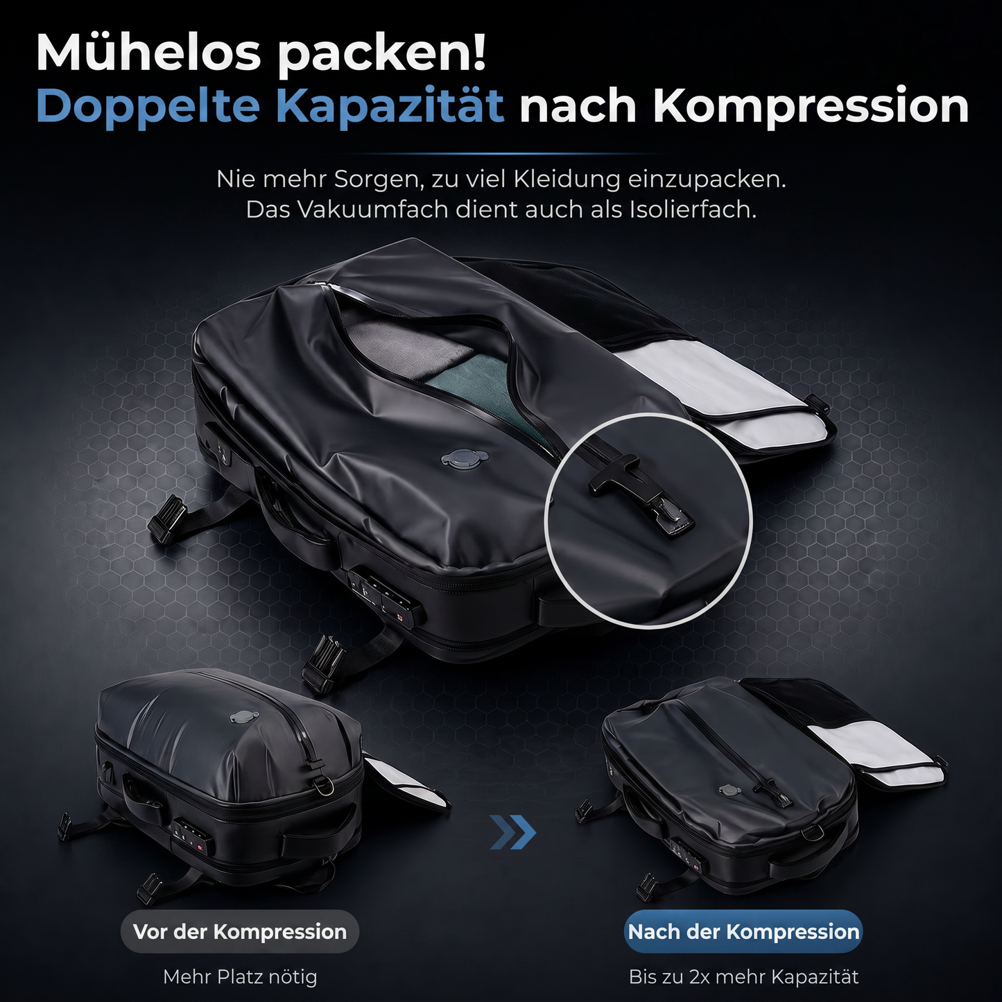 Carry On™ Vakuum-Rucksack - 2x mehr mitnehmen ohne zusätzliche Gepäckgebühren.