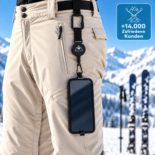 Alpine Lock an Skihose befestigt im Schnee