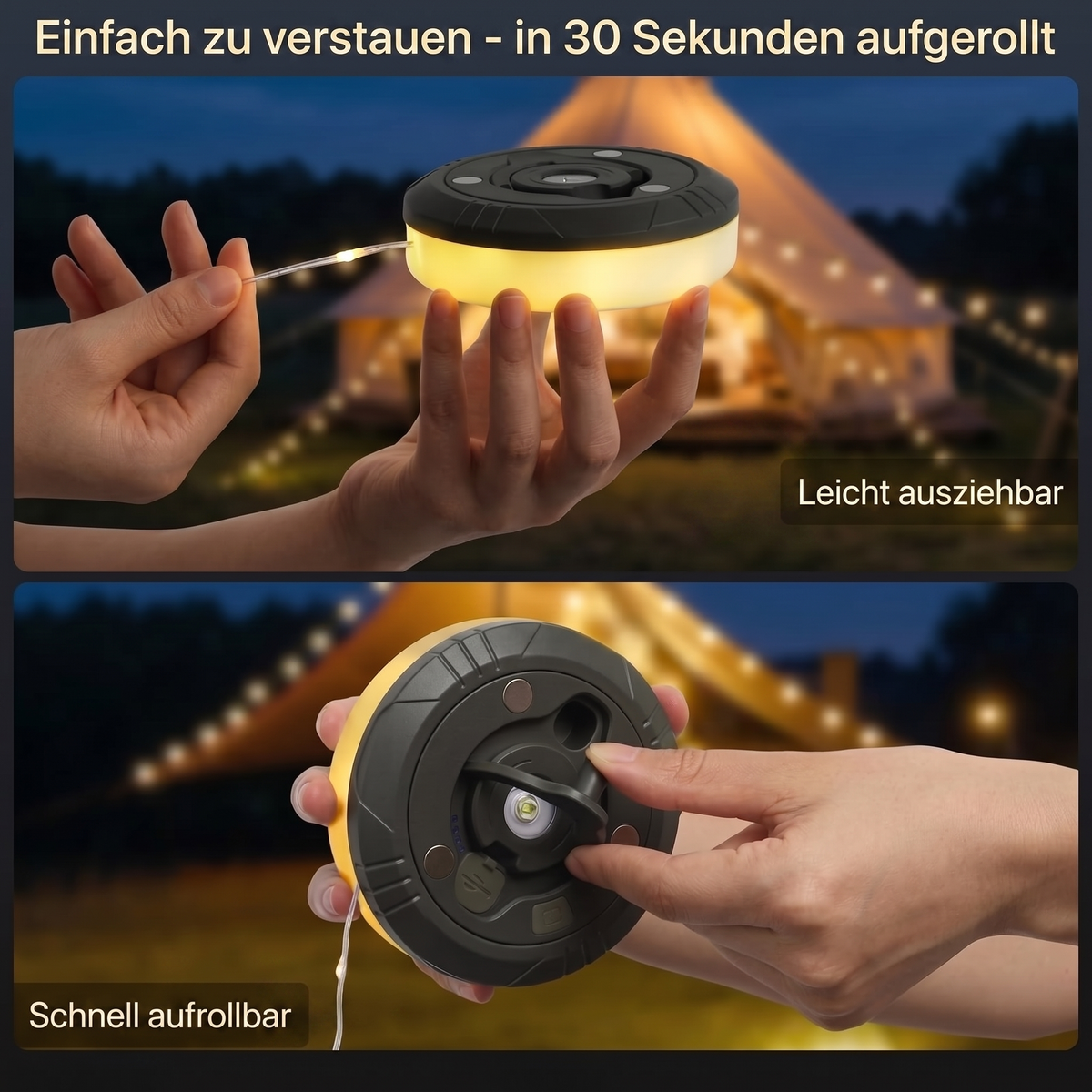 Garden & Camp Glow™ Pro - Von dunklem Lager zu gemütlichem Outdoor-Platz in Sekunden
